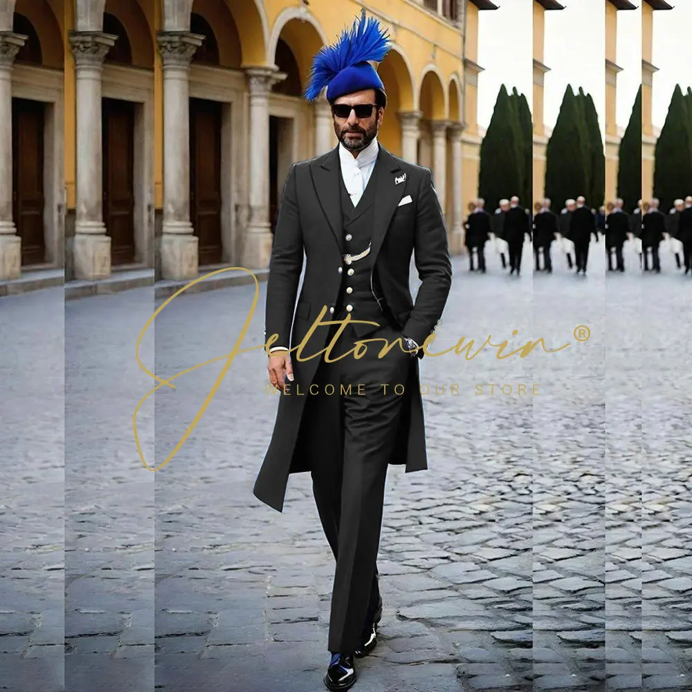 Royal Blue Men Suits 3 Piece Long Jacket Vest Pant Peaked Lapel Tailcoat Outfits Business Casual Office Wear Wedding Tuxedos