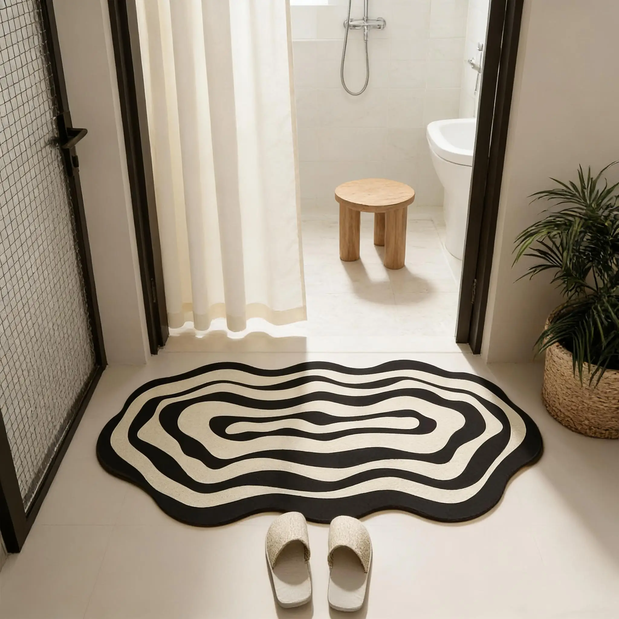 Non-slip Diatomaceous Earth Bath Mat, Irregular Black-White Striped, Ultra Absorbent & Quick-dry, 3.5mm Thick Rubber Backing