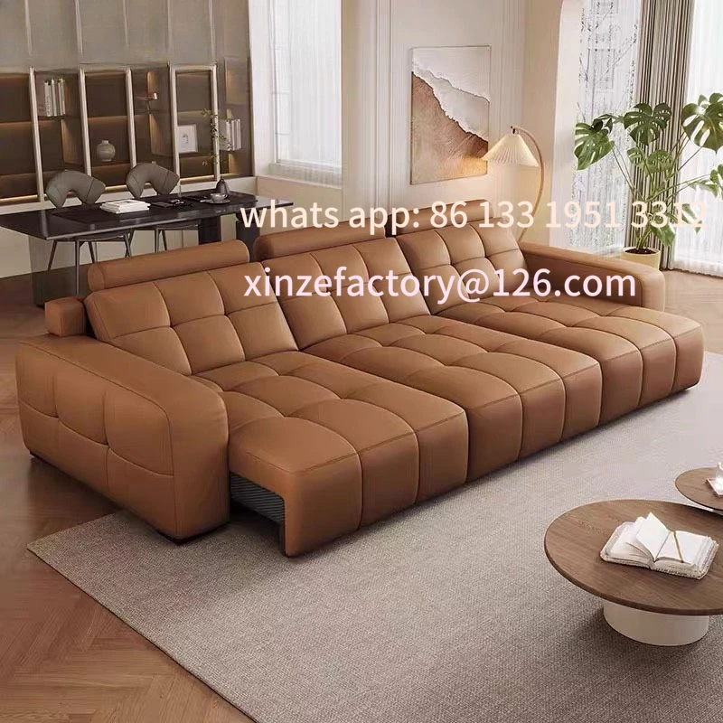 

Customizable Italian minimalist leather sofa size apartment living room three-person sofa voice electric function retractable