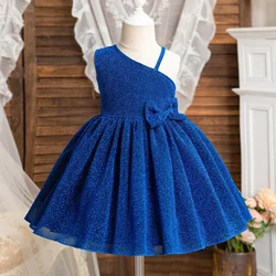 Elephant Girls Party Dresses Retro Royal Blue Velvet Sleeveless Dress 2024 New Clothing Formal Evening Gown Kid Birthday Clothes