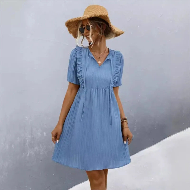 

2024 Summer New Women's Lace Up V-neck Lotus Leaf Dress Solid Color High Waist Mini Dress Casual Short Sleeve Elegant Dresses