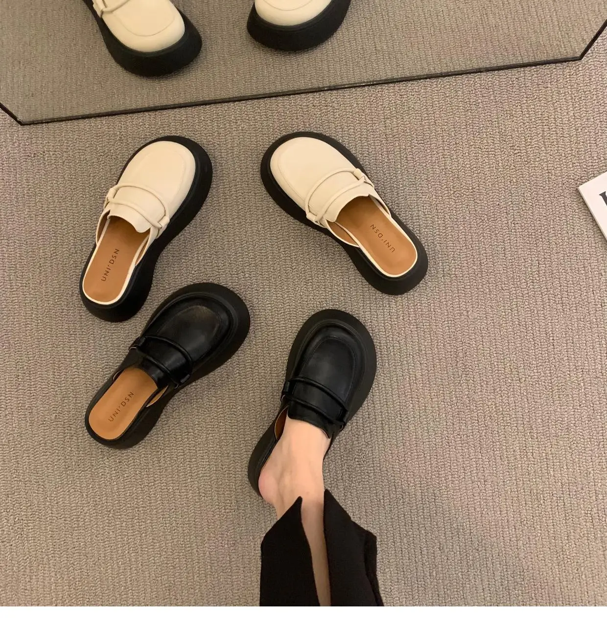 Cover Toe House Slippers Platform Shoes Med Mules For Women 2024 Loafers Pantofle Slides Flat New Summer Rome PU Rubber Shoes Me