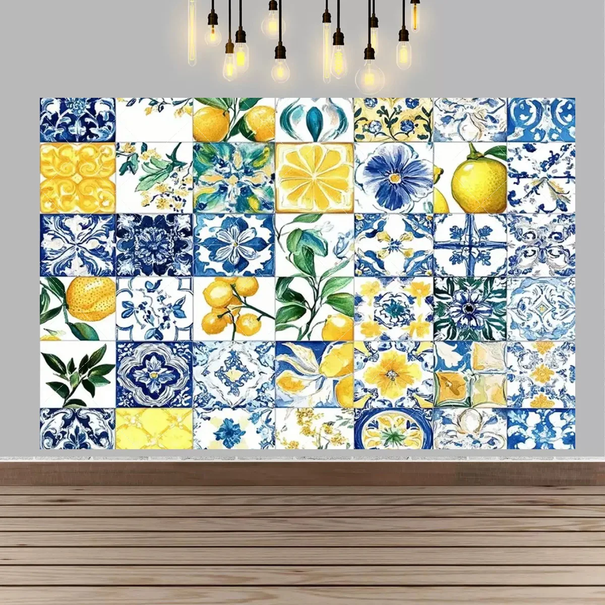 Lemon and Tile Theme Birthday party Backdrop Mediterranean Style Home Decor Backdrop Wedding Baby Baptism Party Supplies