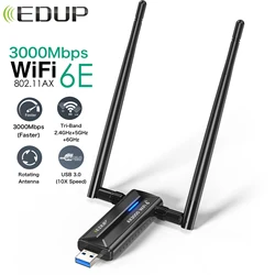 Edup-ワイヤレスネットワークカード,3000mbps, wifi 6e, usb 3.0, wifiアダプター,トライバンド2.4/5/6g,高ゲインアンテナ,Win 10および10用