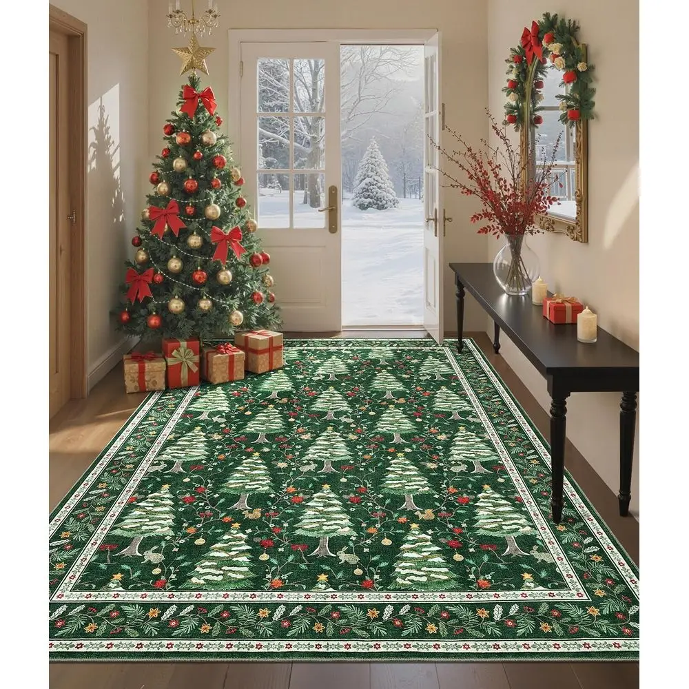 

5x7 Eco-Friendly Christmas Rug, Stain-Resistant & Soft for Home, Office, and Nursery - Festive Tree & Animal Print