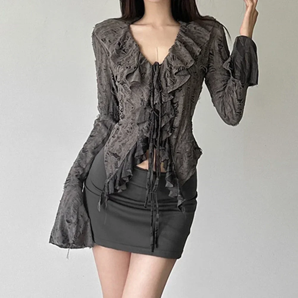 

For Daily Wear Flared Fashion Gothic T-Shirt Vacation Style Grey V Neck Casual Women Top Gothic Vacation Clothing