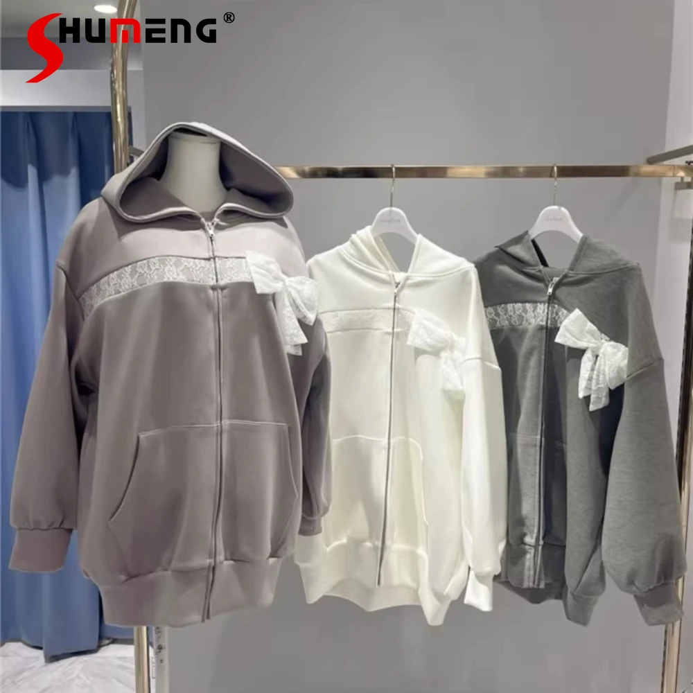 

2026 Spring Japanese Mines Style Mass-production Sweet Cute Lace Bow Zipper Loose Casual Versatile Hooded Sweatshirt for Women
