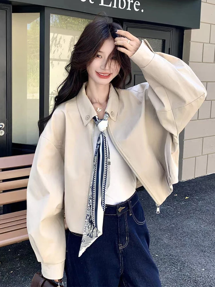 Sweet Solid Cargo Women Fashion Elegant Loose Long Sleeve Short Coat Fall Winter Chic Preppy Style Zipper Outwear Tops