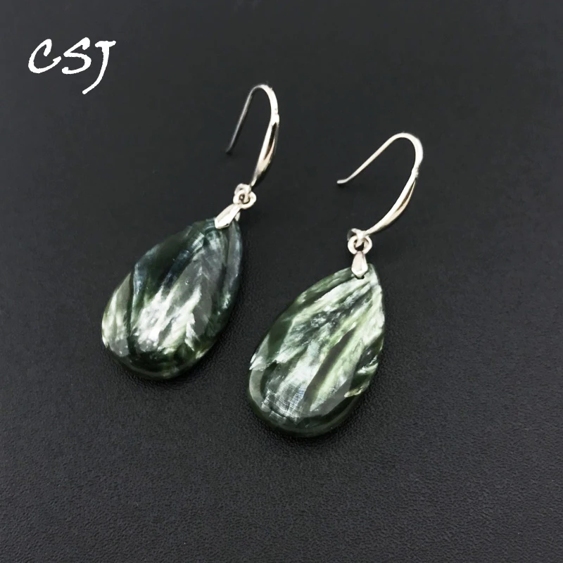 

CSJ Big Natural Seraphinite Earrings 925 Sterling Silver Water Drop 15*25mm Jewelry for Women Party Birthday Gift Angel Wings