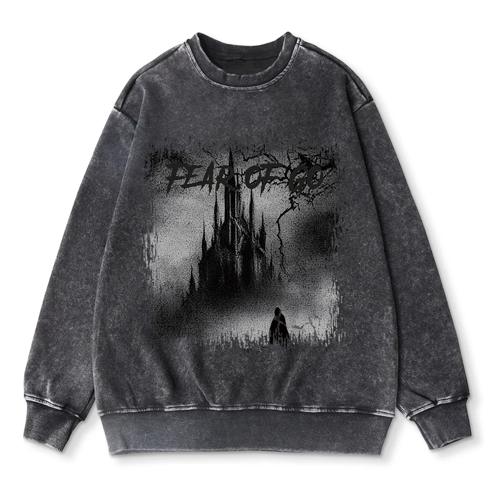 Cotton Women Washed Sweatshirt Castle Of Terror Graphic Prints Hoodie Vintage Oversize Warm Pullover Female Acid Wash Clothes