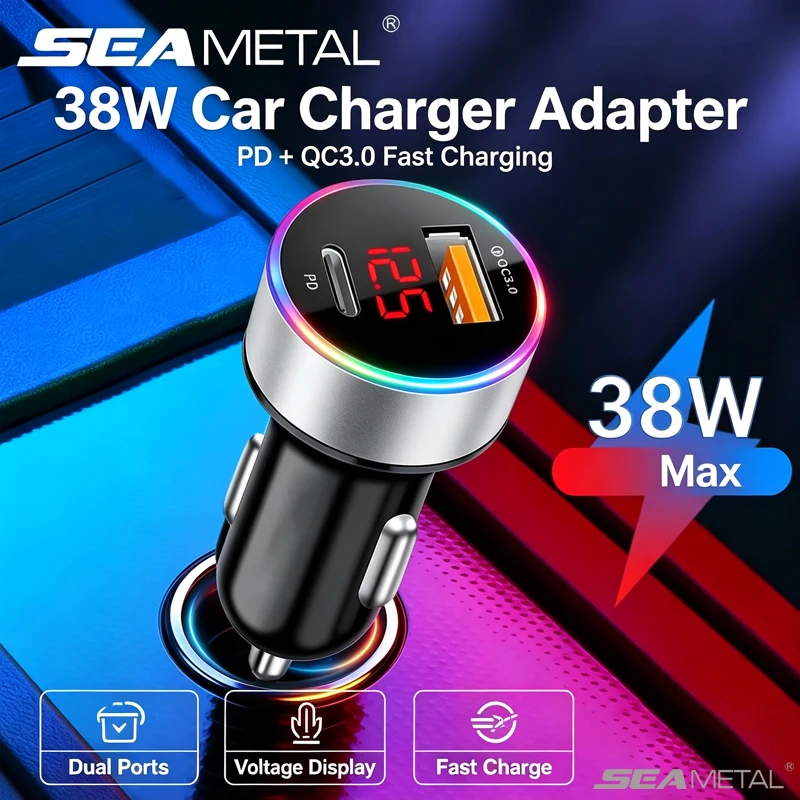 SEAMETAL 38W Auto-Ladegerät, PD QC3.0, schnelles Aufladen, Dual-USB-Typ-C-Auto-Zigarettenanzünder-Ladegerät mit LED-Spannungsanzeige