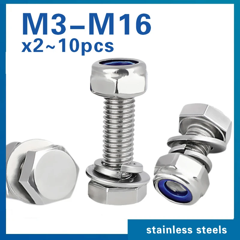 

Hexagon Head Bolts and Lock Nuts Washers Set Stainless Steel Hex Head Screws With locknut Kit Spring Washers M4 M5 M6 M8 M10 M12