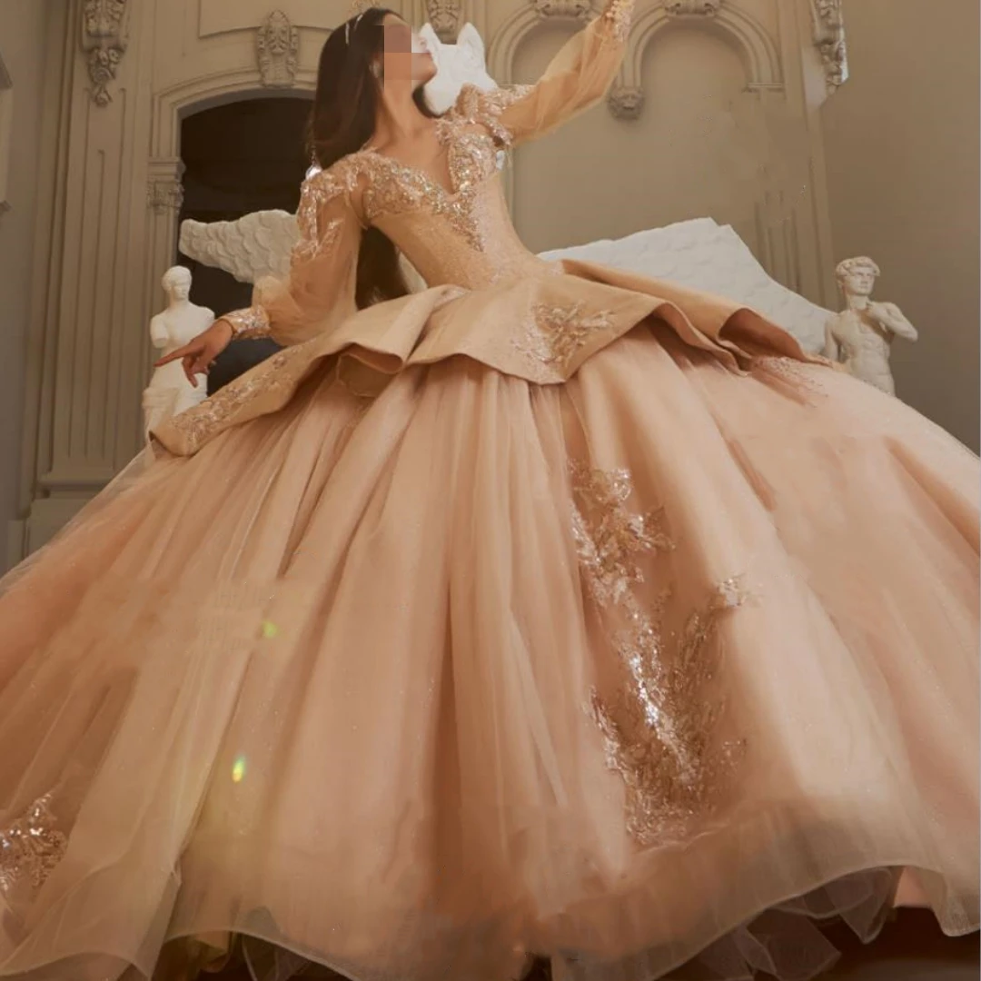 Vestidos de fiesta de dos piezas para mujer mexicana de lujo hechos a medida apliques de manga larga vestidos de fiesta de cumpleaños hinchados 15 años quinceañera