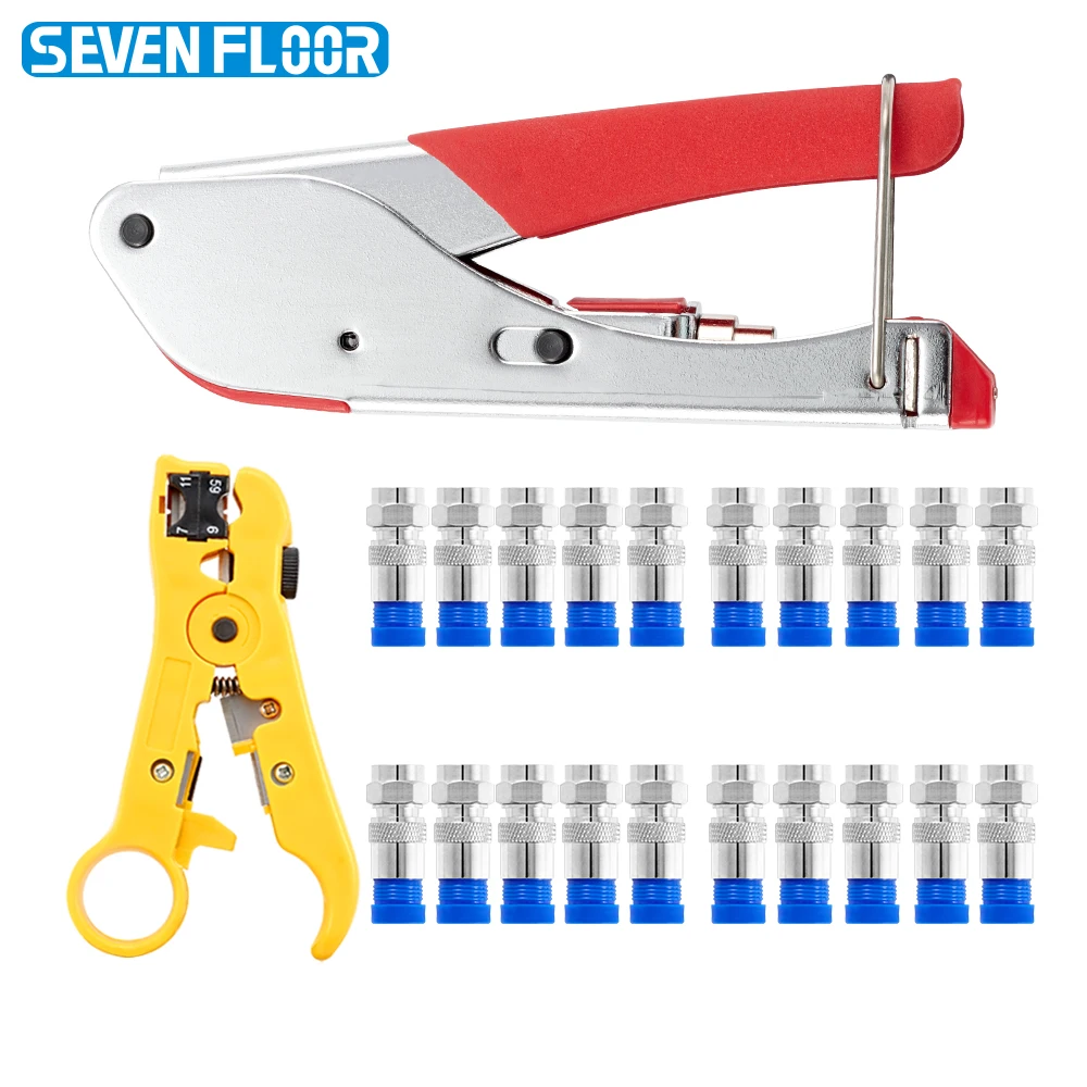 Coax Cable Crimper Kit Coaxial Cable RG6 Compression Tool Kit with 5 PCS F RG6 Connectors, Wire Coax Cable Stripper Tool