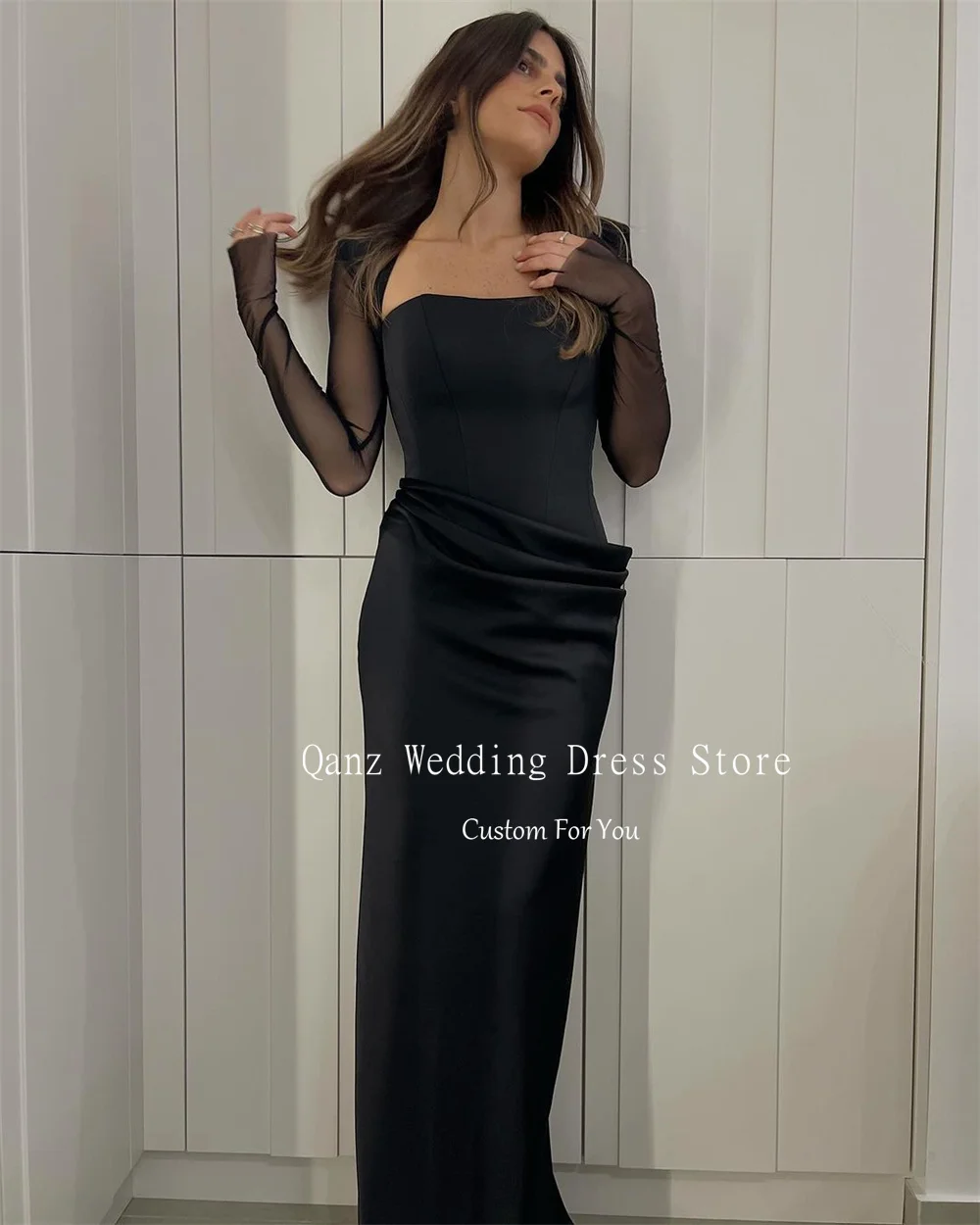 Qanz Black Simple Evening Dresses Long Sleeves Mermaid Satin Vestidos De Fiesta Strapless Customized Dress for Special Occasions