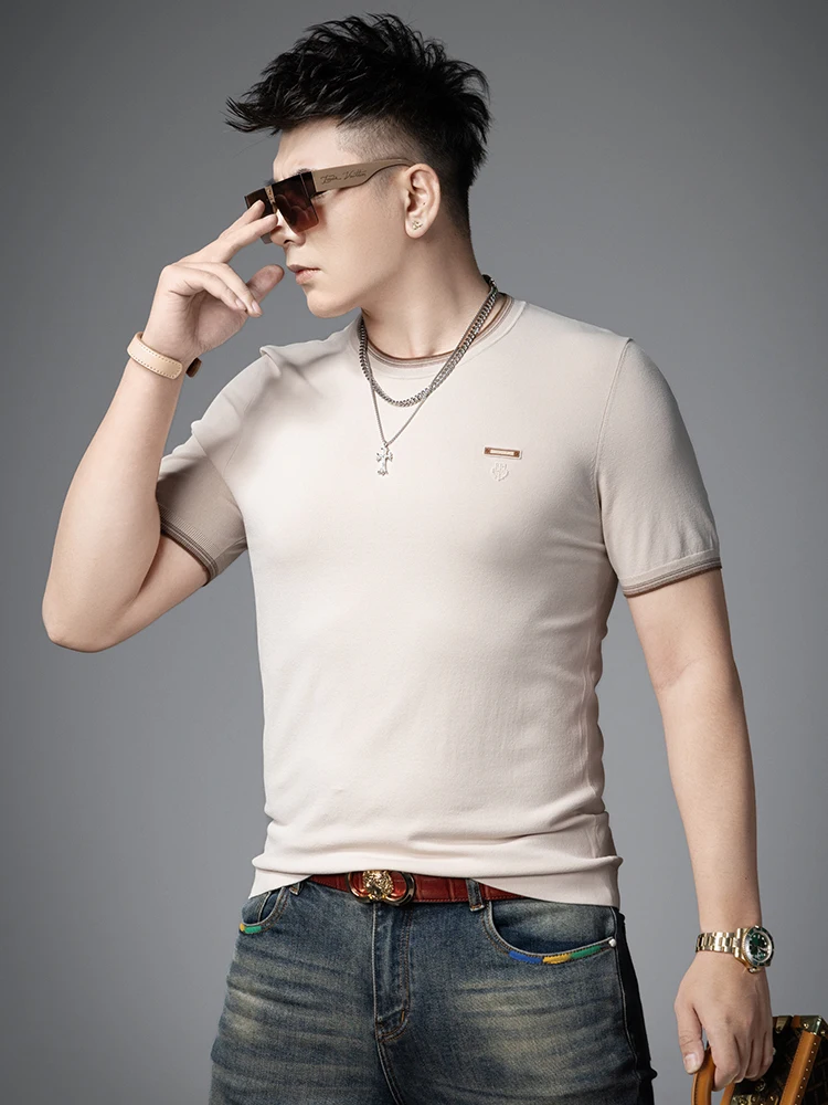 

Мужская футболка европейского стиля, приталенная, с коротким рукавом, повседневная, для отдыха, простой дизайн, летняя, новая модная коллекция бренда