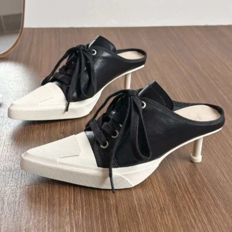 Street-style Pointed-toe Lace-up Pumps for Women Fashion Mixed Color Slide Sandals Concise Commute Office Shoes Zapatos De Mujer
