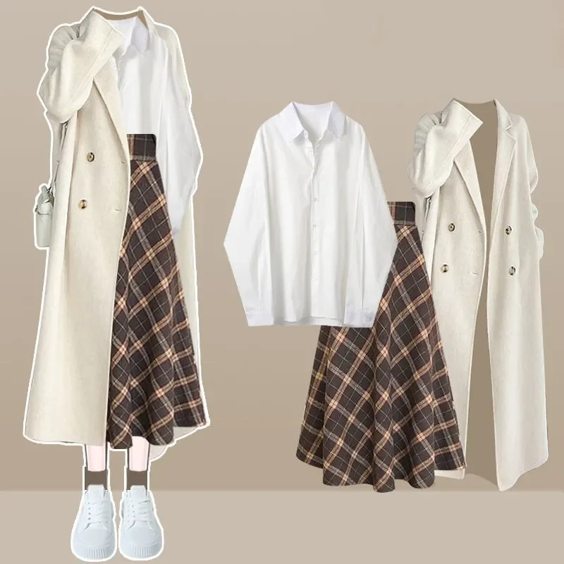

Autumn and Winter Women's New Korean Version Gentle Style Jacket Shirt+casual Loose Skirt Three Piece Set
