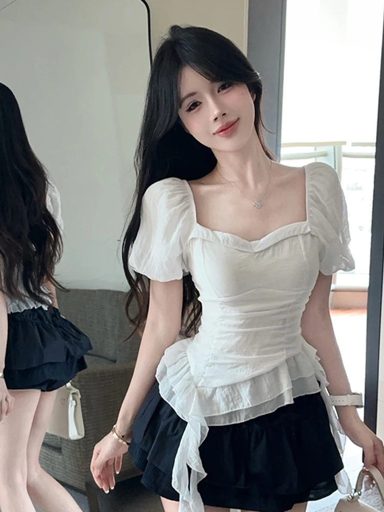 

Pure Desire Sle квадратный воротник Bubble Sve Ultra Fairy T irt нерегулярный топ для похудения для женщин с милой талией и завязкой