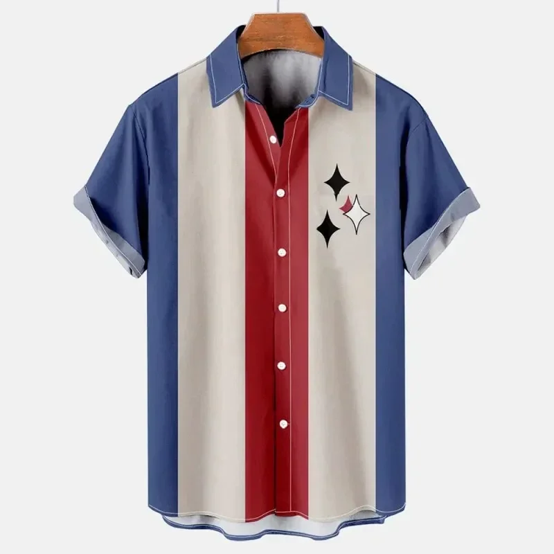

Men Shirts Striped Elegant Blouse Color 3D Printing Short Sleeve Button Top Casual Social Shirts Oversized Fashion Men Clothes
