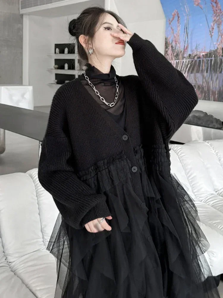 XITAO Irregular Patchwork Gauze Knitting Dress Loose Women Autumn Winter New Fashion Casual V-neck Single Breasted Dress HQQ1702