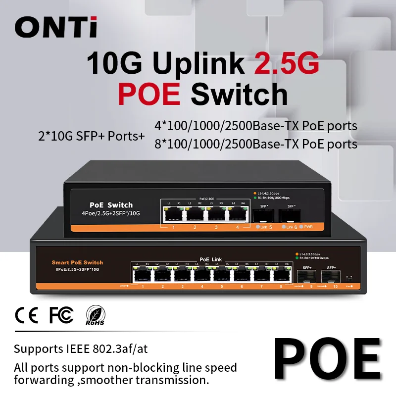 Switch PoE ONTi 10G Uplink 2.5G, 2 puertos SFP+ de 10G + 4/8 puertos PoE 100/1000/2500Base-TX, IEEE802.3af/at para AP WiFi 6E, cámara PoE