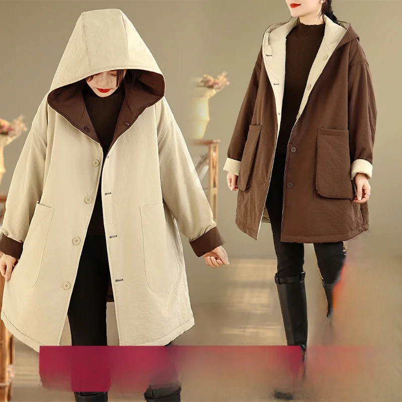 

Женская двусторонняя одежда, теплая хлопковая куртка, зима 2025, новое свободное утягивающее молодежное повседневное пальто средней длины с капюшоном, цветное