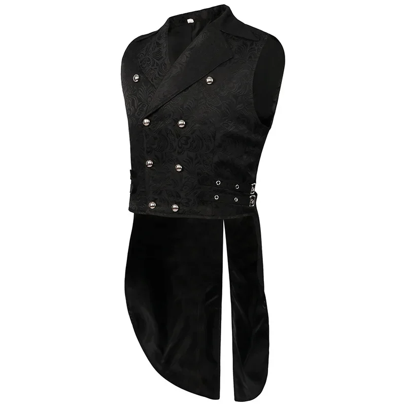 Men Medieval Vest Steampunk Coat Victorian Prom Costume Pleated Waistcoat Retro Top Double-breasted Jacquard Cloth