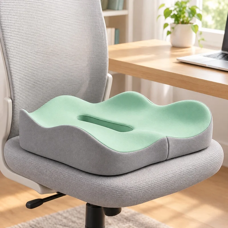 Comfortable 3D Contoured Memory Foam Cushion with Removable Polyester Case for Office and Vehicle Seating, Light Green/Grey