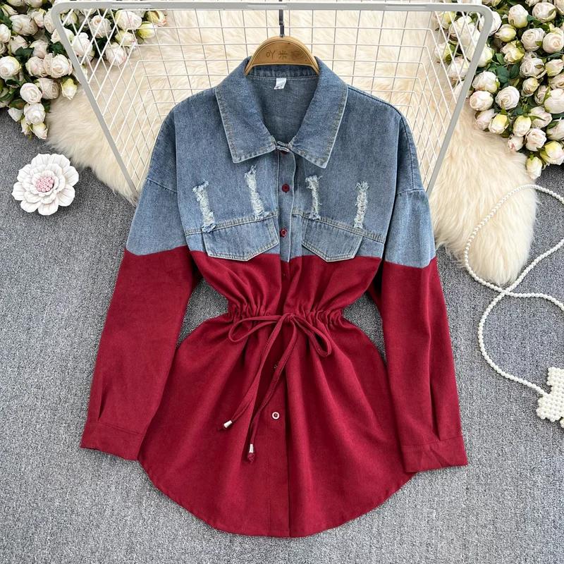 KUSAHIKI Demin Blouse Women 2023 Autumn Hit Color Patchwork Shirts Causal Korean Fashion Drawstring Slim Waist Jeans Blusas