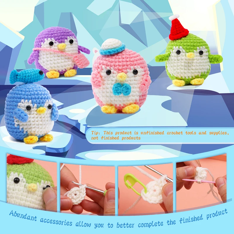 Penguin Crochet Kit for Beginners With Video Tutorial Cotton Knitting Yarn Thread Needles Hook Knit Tool Set DIY Craft