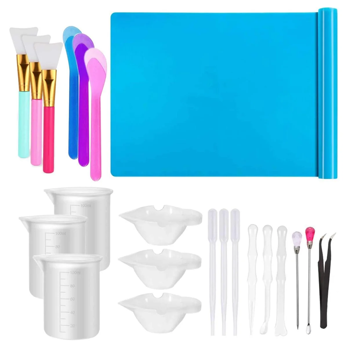 

Resin Tools Set 22PCS, A3 Silicone Sheet, 100ML Measuring Cups, Silicone Mixing Cups, Silicone Brushes Stir Sticks