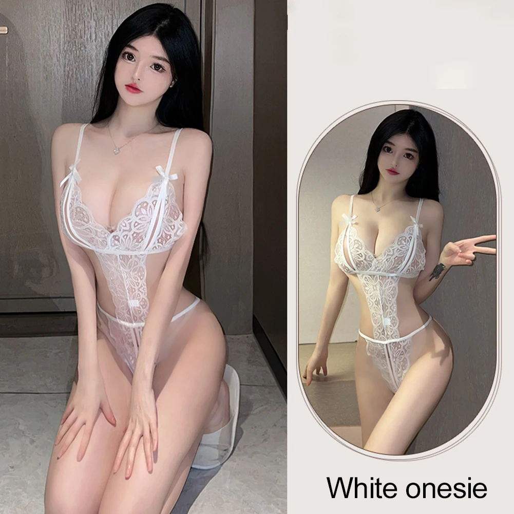 

Women Sexy Transparent Lingerie Crotchless Lace Hollow Exposed Butt Bodysuit Breathable Deep V Nightgown Hollow Out Perspective