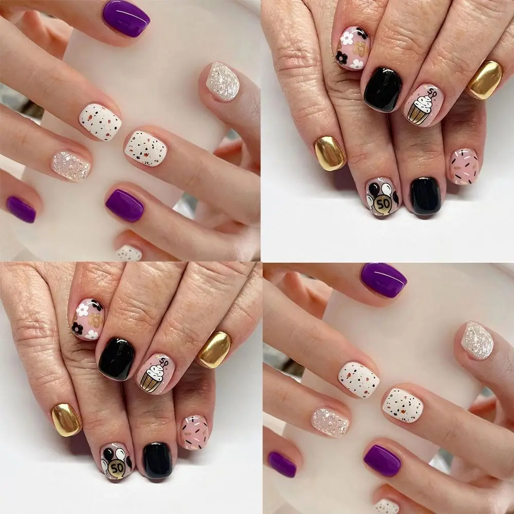 ファッションショートラウンドつけ爪フレンチホリデーパーティーフェイクネイルパープルスライスフルカバーネイルチップサロン用