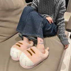 newest 2025 winter animal cat fluffy shoes ladies pink fuzzy cotton slippers indoor house female footwear woman warm flip flops