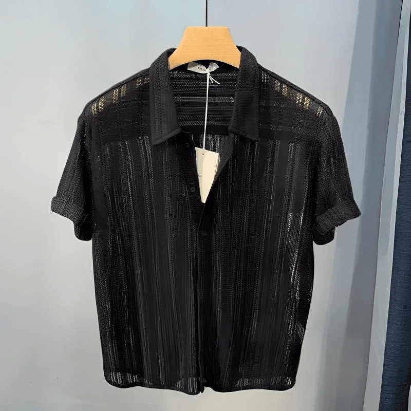 New High-end Hollow Lapel Short-sleeved Men's Shirt Summer Thin Loose Shirt Men's Casual Top Temperament Fashion Individuality