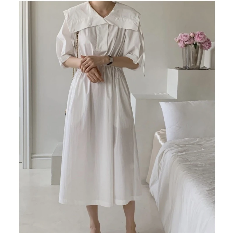 حقيقي الربيع الصيف خمر بحار طوق قميص نسائي فساتين 2025 جديد قصير الأكمام الدانتيل متابعة فستان طويل فضفاض غير رسمي المرأة #1