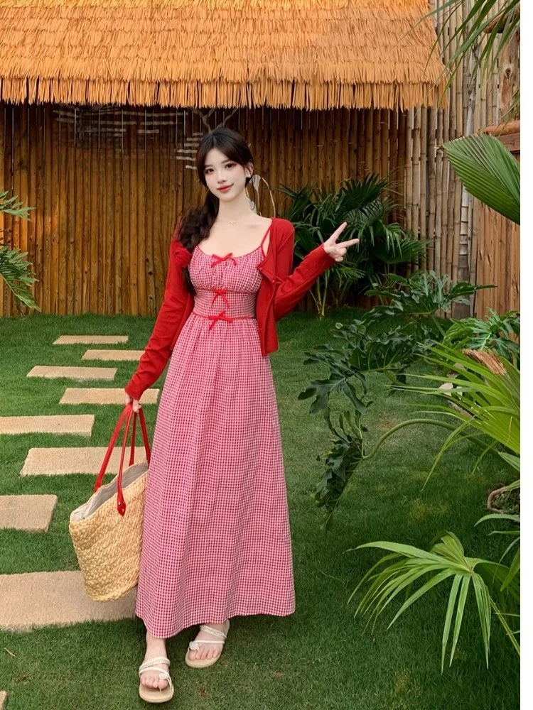 

plus Size Women's Plaid Knot Strap Dress Summer New Style Sun Protection Cardigan Top Two-Piece Set City Commute