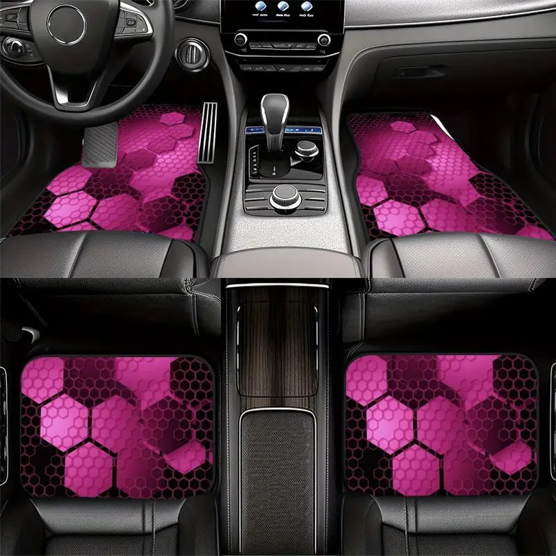 4pcs Rose Pink Honeycomb Print Car Floor Mat Universal Non-Slip Polyester Auto Floor Carpets Set Interior Accessories For SUVs view 5