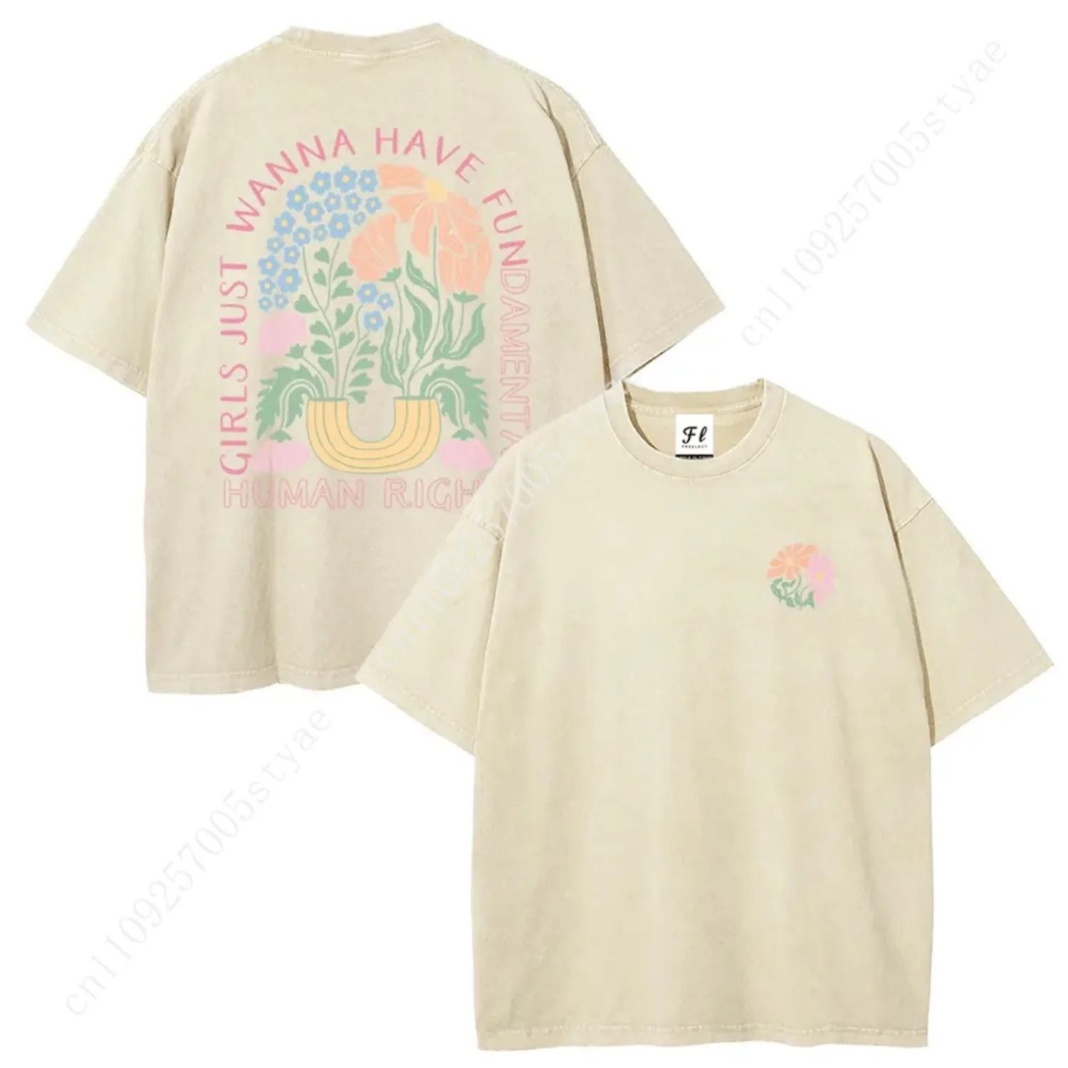 Girls Just Wanna Have Fundamental Human Rights Tee Oversize Unisex Washed T-Shirt for Women and Men's Unisex Fit Batik Cotton Ov