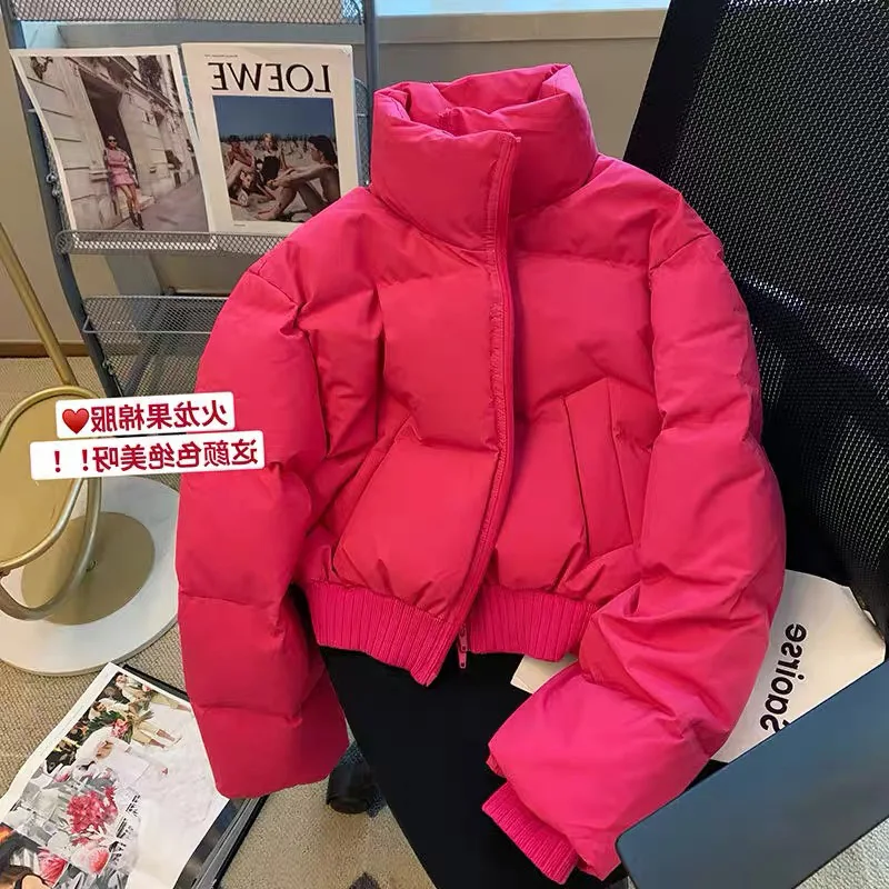 

Women's Rose Red Parka Jacket Overcoat Thicken Warm Long Sleeve Coat Vintage Harajuku Korean Padded Jacket Winter 2000s Clothes