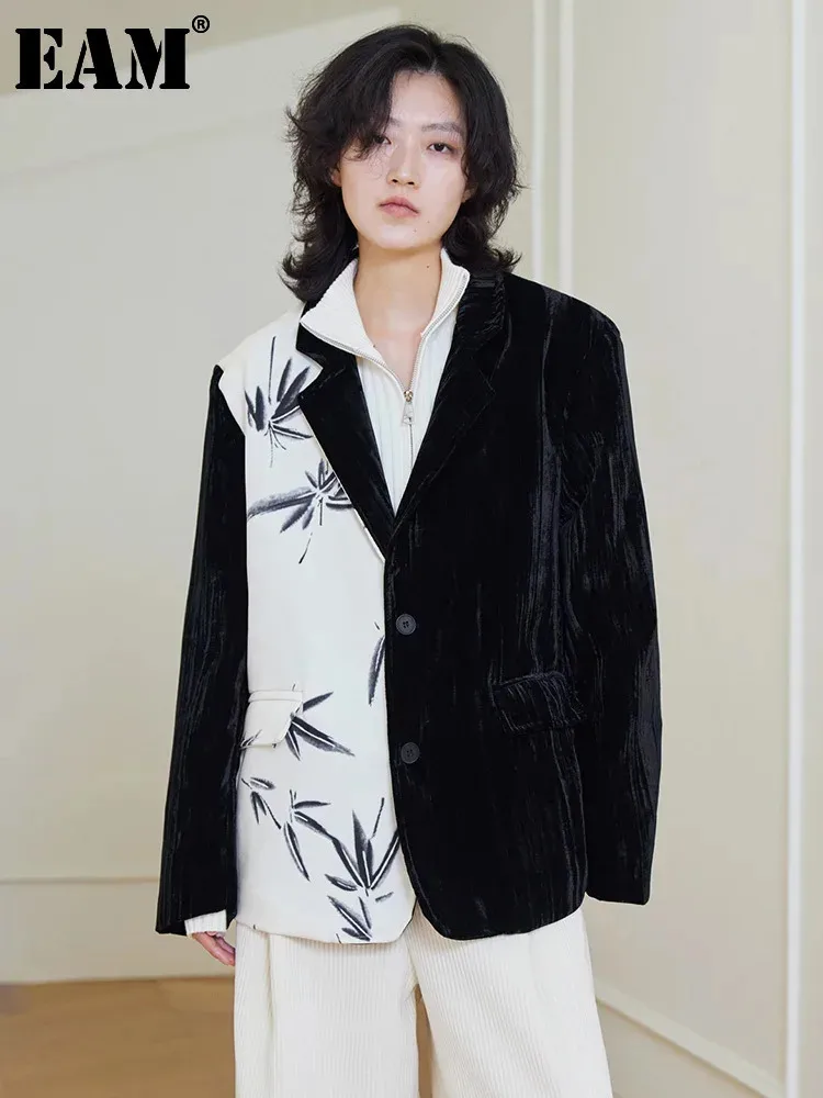 

[EAM] Women Black Print Big Size Velvet Blazer New Lapel Long Sleeve Loose Fit Jacket Fashion Tide Spring Autumn 2024 1DH2622