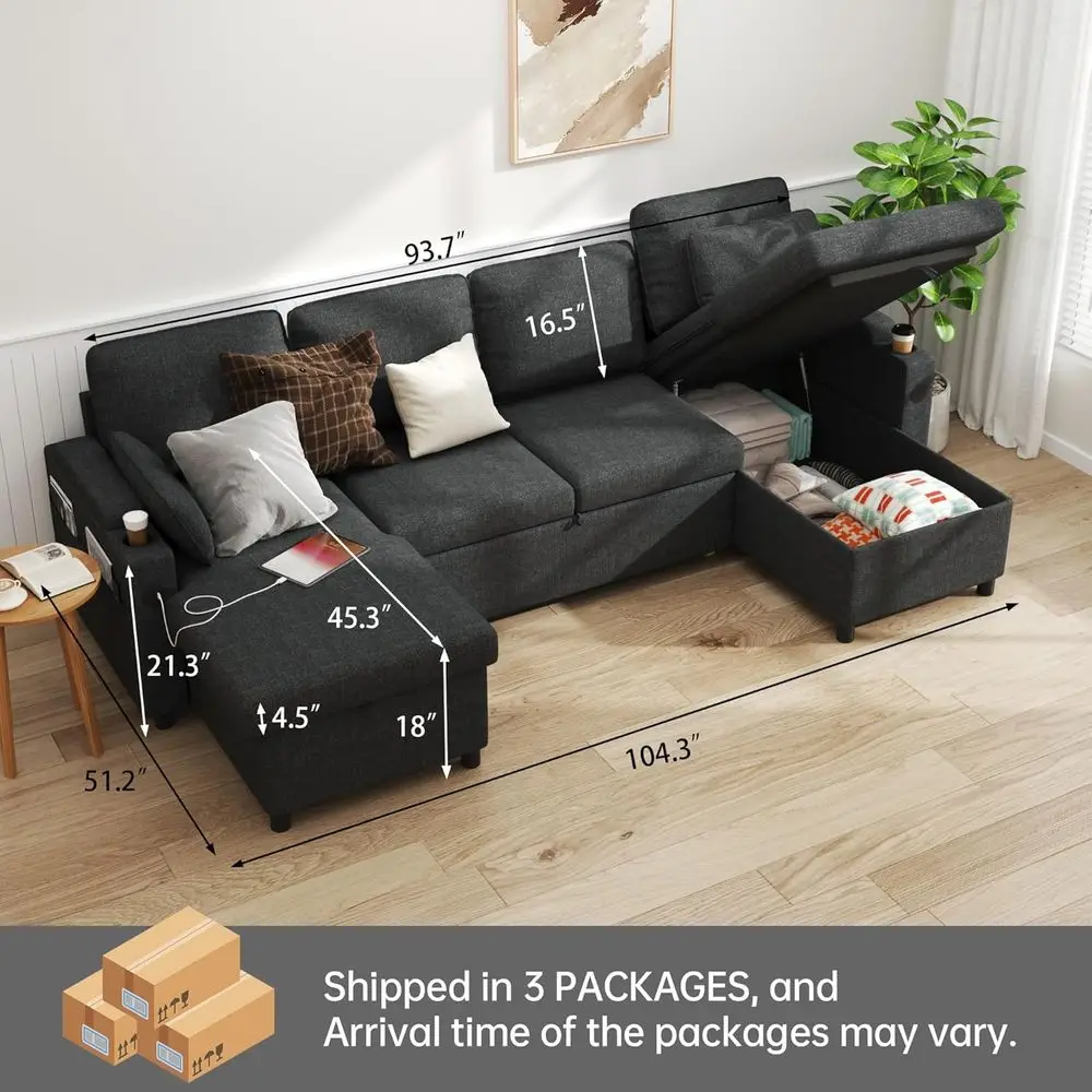 أريكة نوم مزدوجة التخزين، أريكة قابلة للسحب مع أغطية قابلة للإزالة، أثاث غرفة المعيشة المقطعية باللون الرمادي