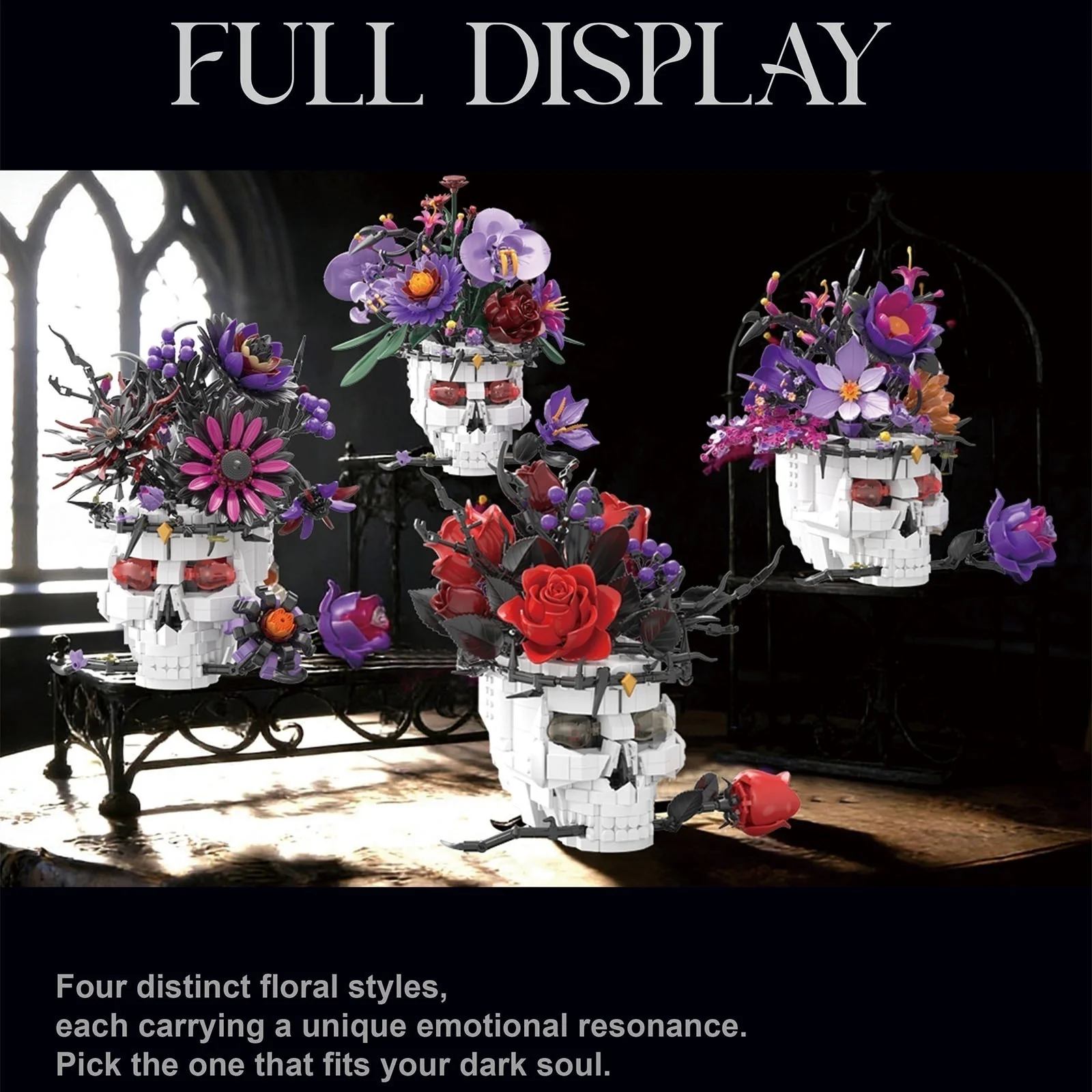 Kreative Skelett-Blumen Topfpflanzen Ornamente Bausteine Totenkopf-Rosen-Bouquet-Set für Erwachsene Heim-Party-Dekoration Geschenke
