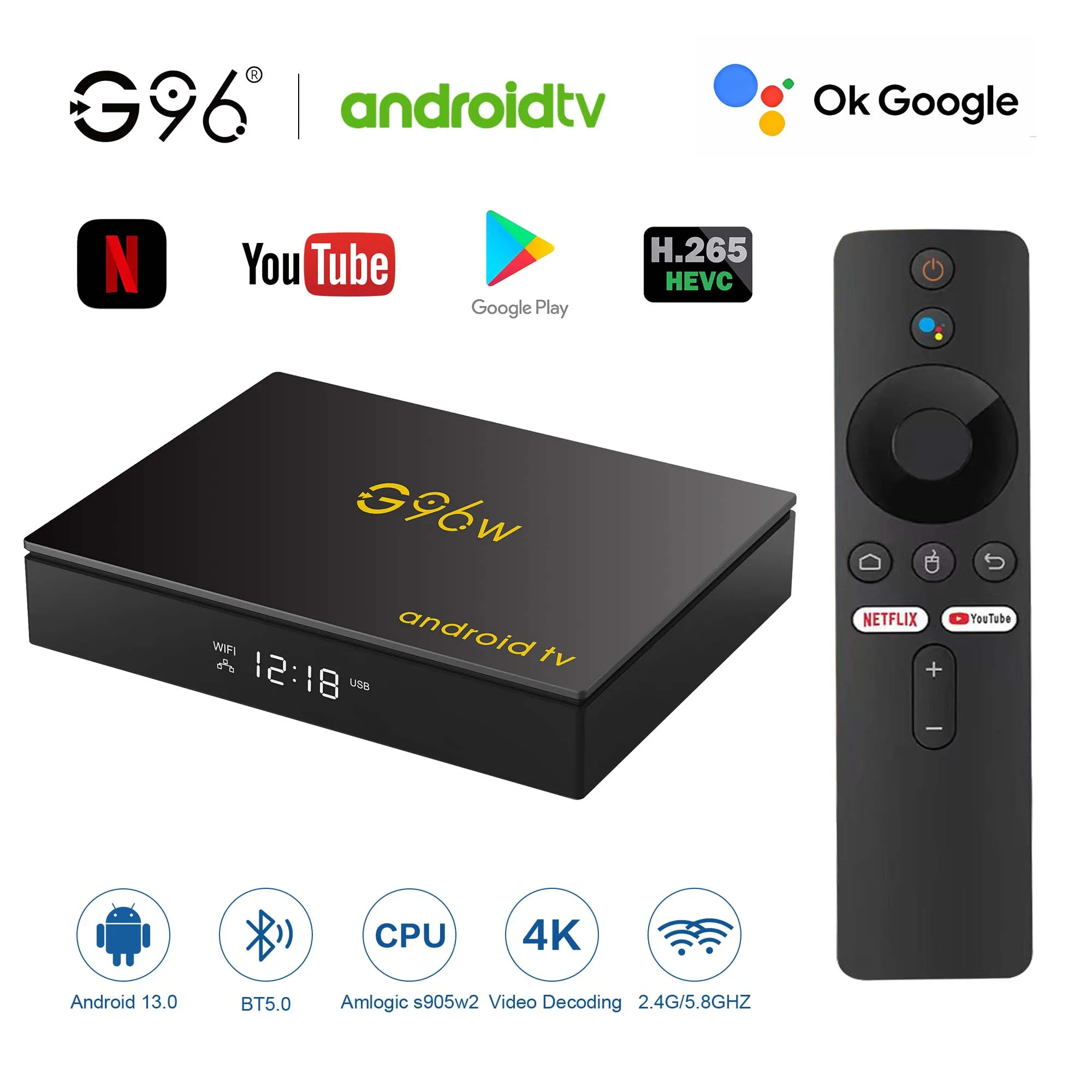 

Hot G96W Andriod13 Smart TV Box Amlogic S905W2 Quad Core Support 4K Dual WiFi BT5.0 Google voice control Netflix Multi Language