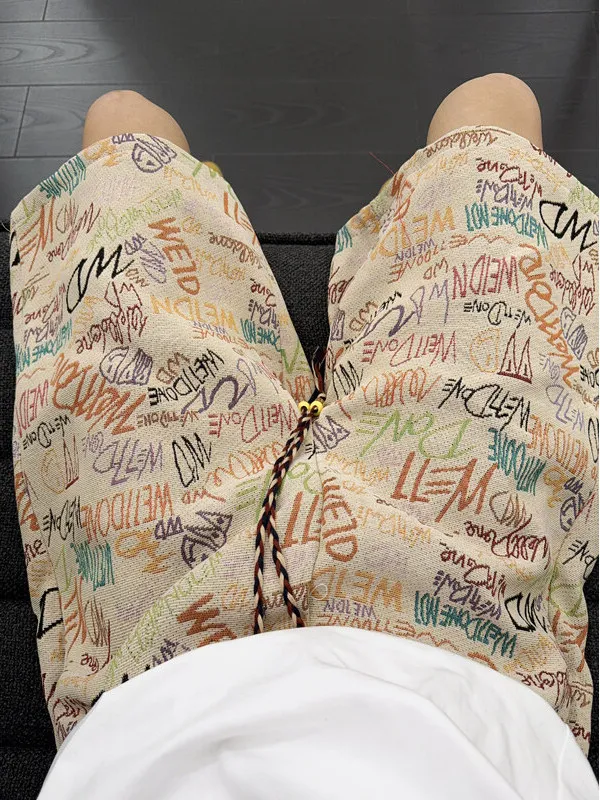 

Retro American fiti orts Men's Summer Hiphop Casual Heavyweight Five-Quarter Length Straight Leg Pants Cool Sensation