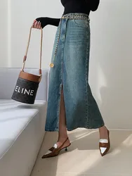 ZHISILAO New Long Denim Skirt Vintage Classic Split Straight Jeans Skirt Spring Summer 2023