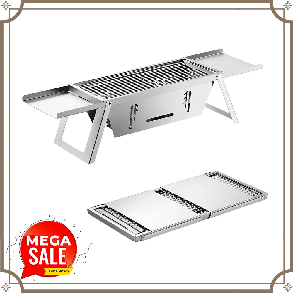 Parrilla de barbacoa de acero inoxidable, plegable y portátil, ideal para acampar y hacer picnics al aire libre.