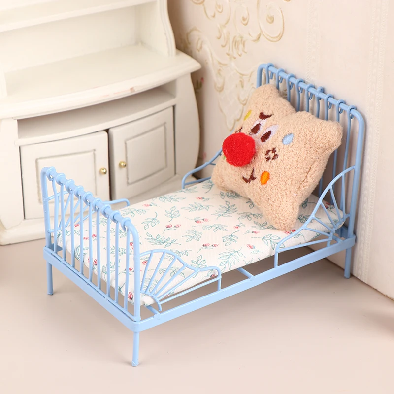 1Set Dollhouse Miniature Iron European Bed With Mattress Bear Pillow Furniture Bedroom Decor Toy Doll House Accessories