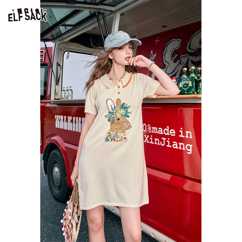 Elfsack 2024 Sommer Neuankömmlinge Polo Kragen niedlichen Kaninchen Print T-Shirt Kleid für Frauen